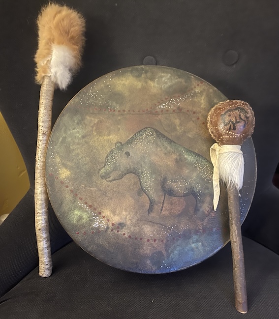 Cave Mother Drum, 12” Deer Hide, Cave Bear Drum & Rattle Set - Image 4