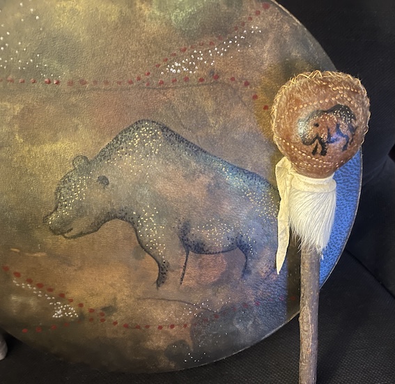 Cave Mother Drum, 12” Deer Hide, Cave Bear Drum & Rattle Set