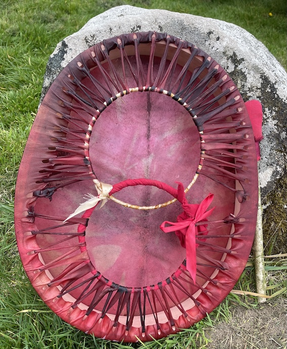 Rosa Harmonia- Magdalene/Christ Vesica Piscis Drum 14" x 18", Dyed Deer Drum - Image 2